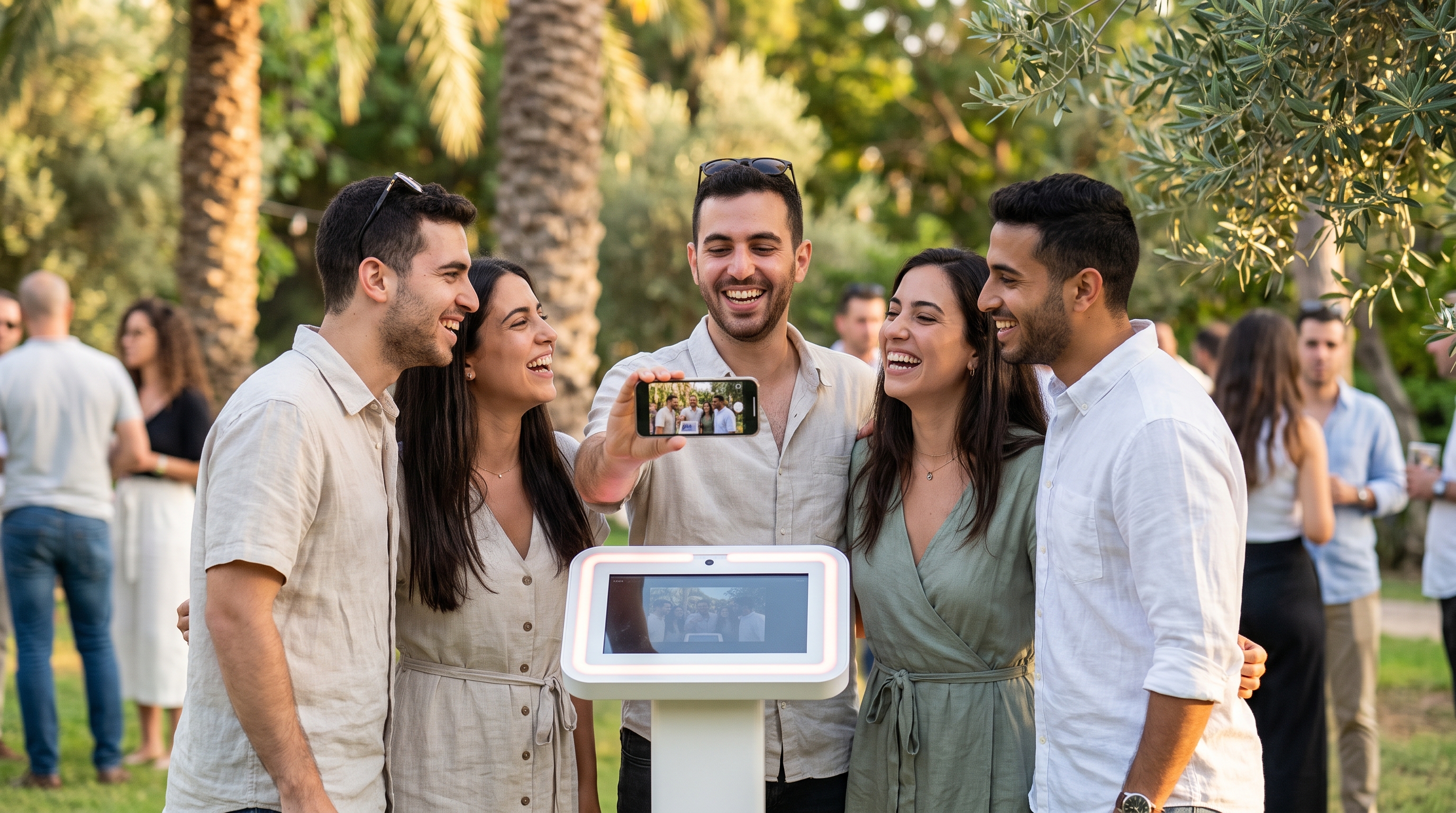 עובדים מצטלמים בעמדת סלפי דיגיטלית באירוע חברה בחוץ