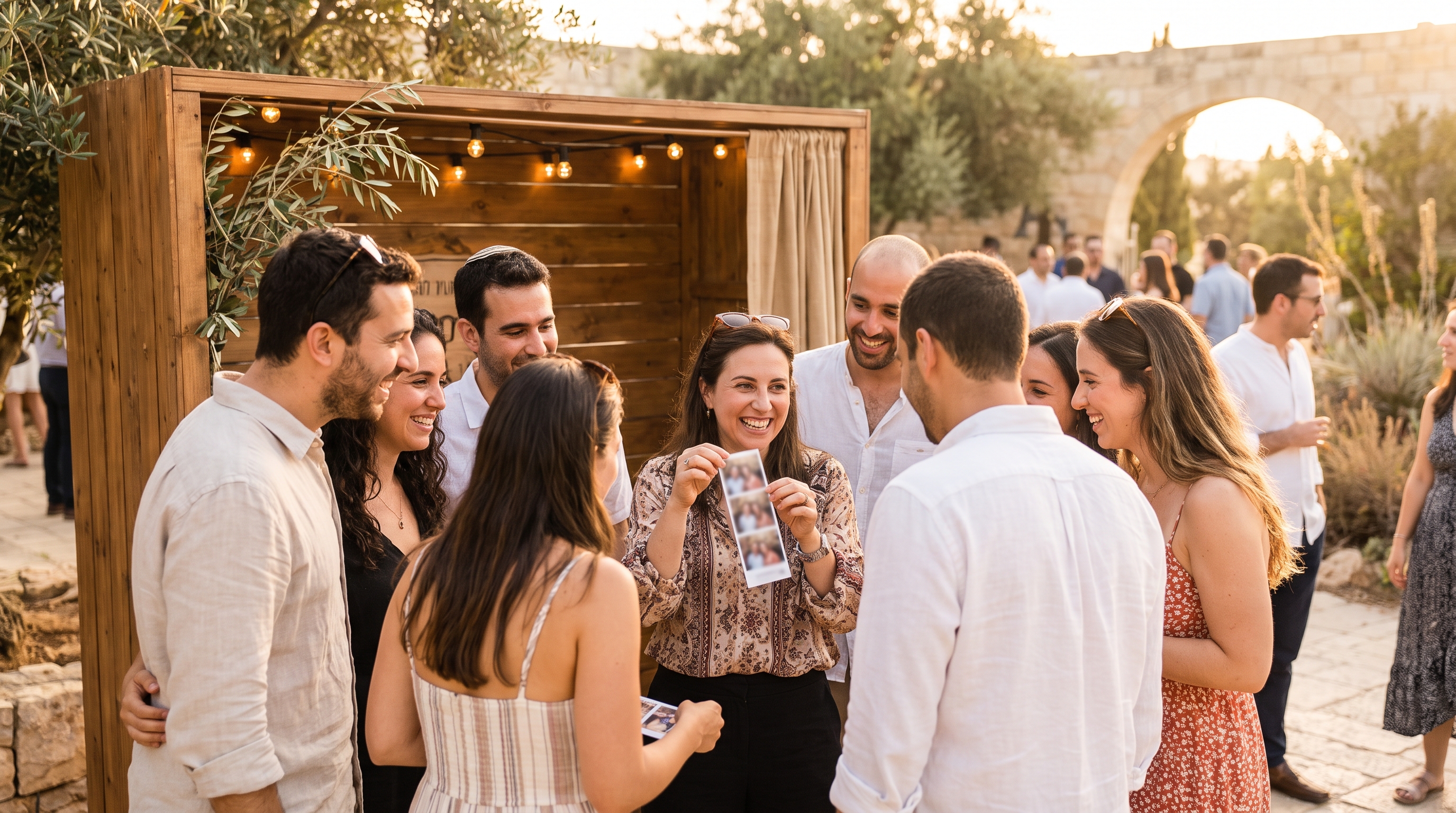 עובדים מצטלמים יחד בעמדת צילום באירוע חברה בקיץ